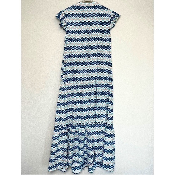 PALOMA BLUE Silk Cotton Flutter Sleeve Button‎ Front Tiered Ruffle Maxi Dress L - Picture 4 of 7